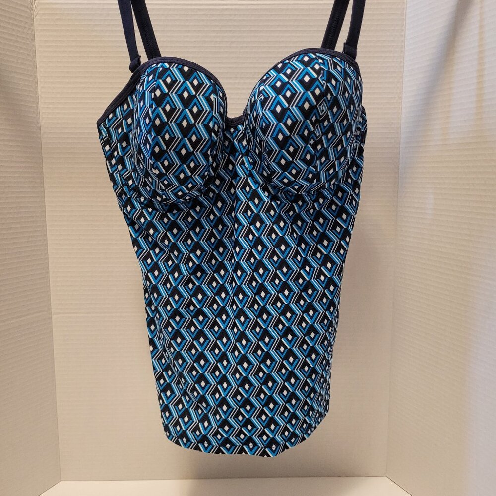 Blue Geometric One-Piece Swim Bustier - Women
